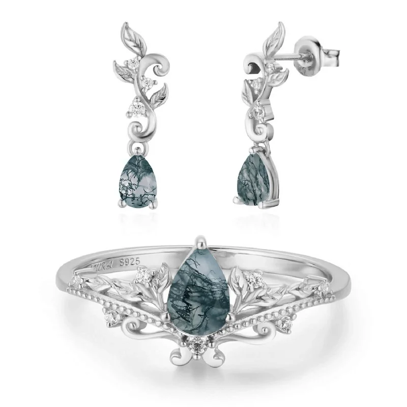 Bold Silver Rings For Fashion Lovers-Lotus Moss Agate© Ring and Leafy Cascades Earrings Set