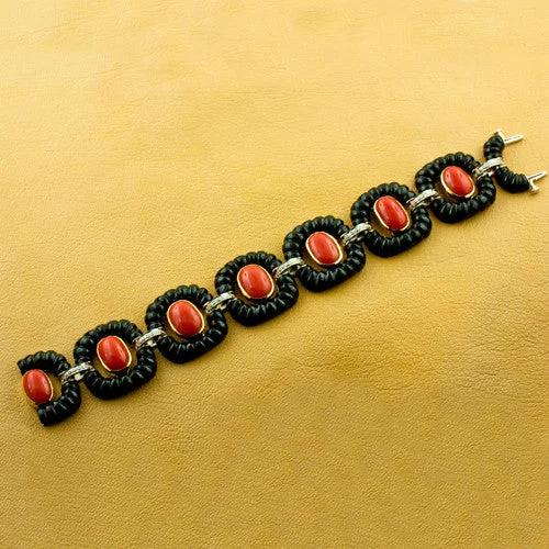 Bracelets In Rose Gold-Coral, Onyx & Diamond Bracelet