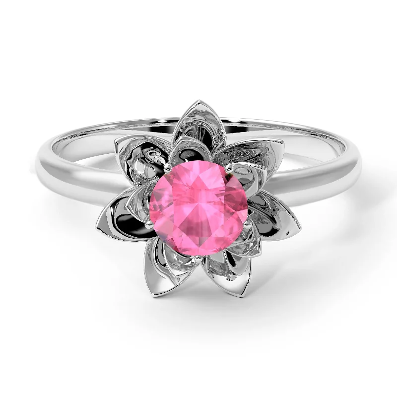 Bold Silver Wedding Bands For Non-Traditional Brides-Lotus Flower Solitaire Pink Moissanite Ring - Lotus no. 803