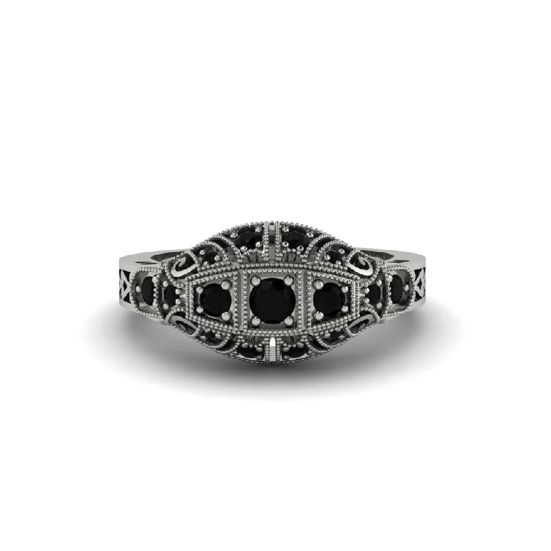 Trendy Gold Rings For Engagement-Black Diamond 3-Stones Art Deco Engagement Ring - Aniyah No. 9