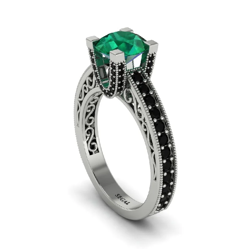 Classic Diamond Engagement Rings For Brides-Emerald Scrollwork Vintage Filigree Engagement Ring - Abby No. 36