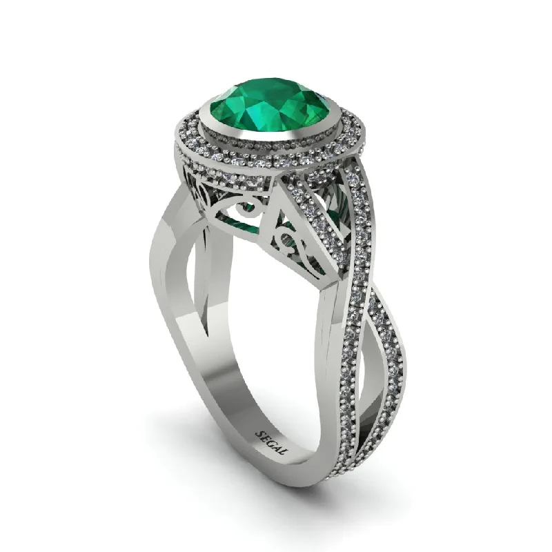 Custom Diamond Wedding Rings For Brides-Emerald Filigree Halo Twist Shank Engagement Ring - Wren No. 6