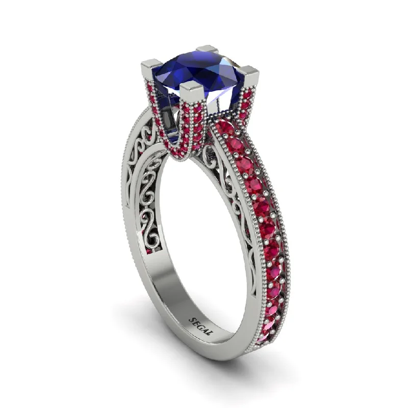 Classic Birthstone Rings For Custom Gifts-Sapphire Scrollwork Vintage Filigree Engagement Ring - Abby No. 60