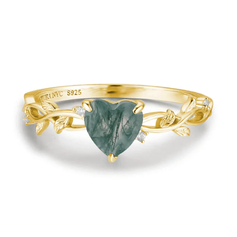 Minimalist Rings For Elegant Simplicity-Everlasting Heart Moss Agate Ring (Yellow Gold)©