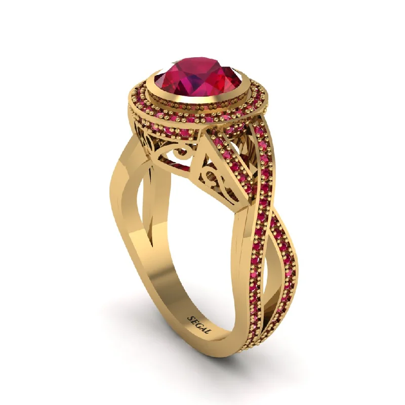 Custom Engagement Rings For Bold Brides-Ruby Filigree Halo Twist Shank Engagement Ring - Wren No. 55