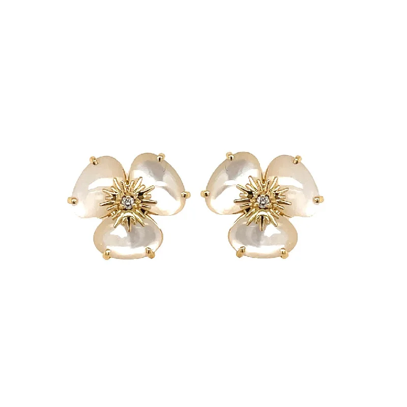 Colorful Drop Earrings For Casual Style-Pearlized Quartz Flower Pansy Earrings, 18K Yellow Gold