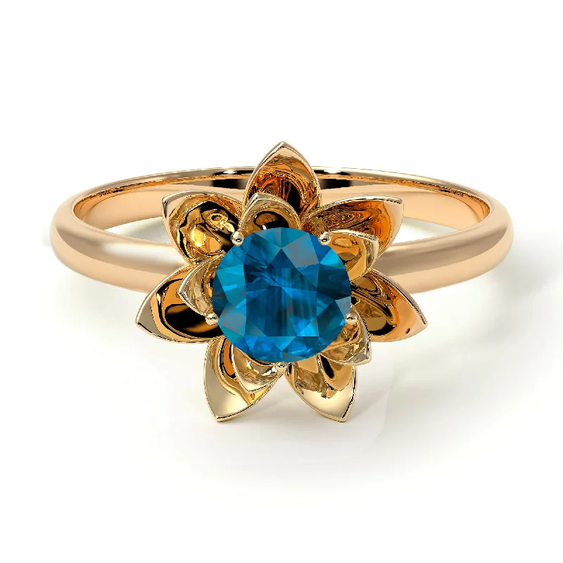 Elegant Men’s Engagement Rings For Special Occasions-Lotus Flower Solitaire Blue Topaz Ring - Lotus no. 501