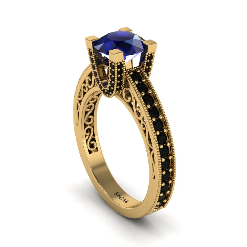 Fashionable Wedding Rings For Trendy Couples-Sapphire Scrollwork Vintage Filigree Engagement Ring - Abby No. 43