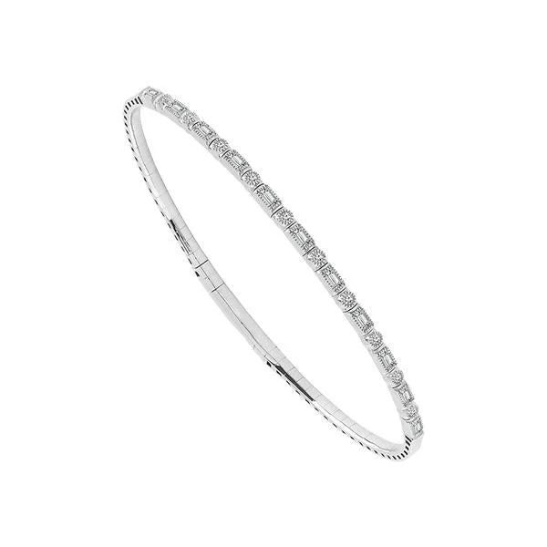 Bangles With Heart Patterns-14 Karat White Gold 2/5 Carat Round and Baguette Diamond Flexible Bangle Bracelet