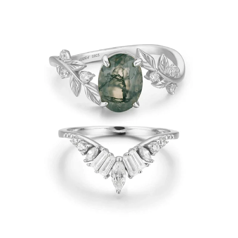 Diamond Rings For Engagement-Between the Leaf Moss Agate© and Hillcrest Ring Set