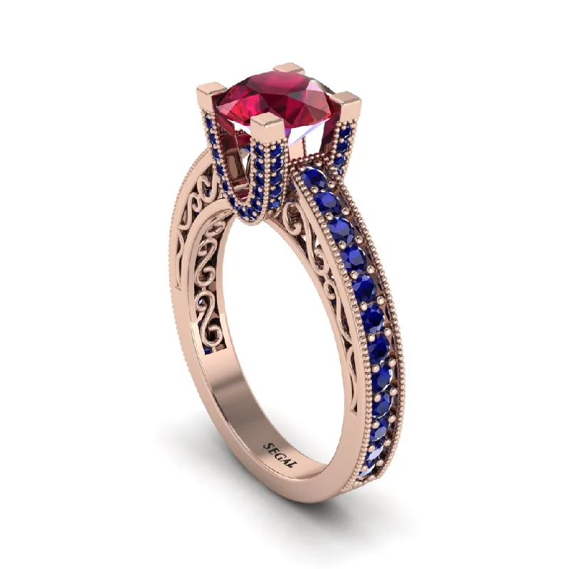 Elegant Diamond Rings For Weddings-Ruby Scrollwork Vintage Filigree Engagement Ring - Abby No. 71