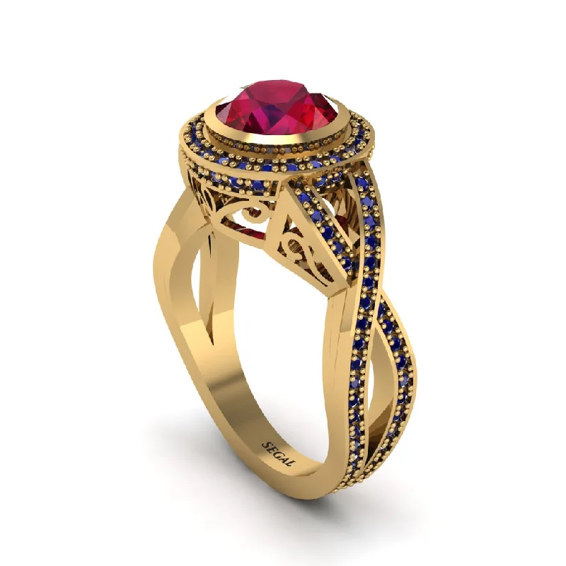 Unique Men’s Wedding Rings For Special Occasions-Ruby Filigree Halo Twist Shank Engagement Ring - Wren No. 70