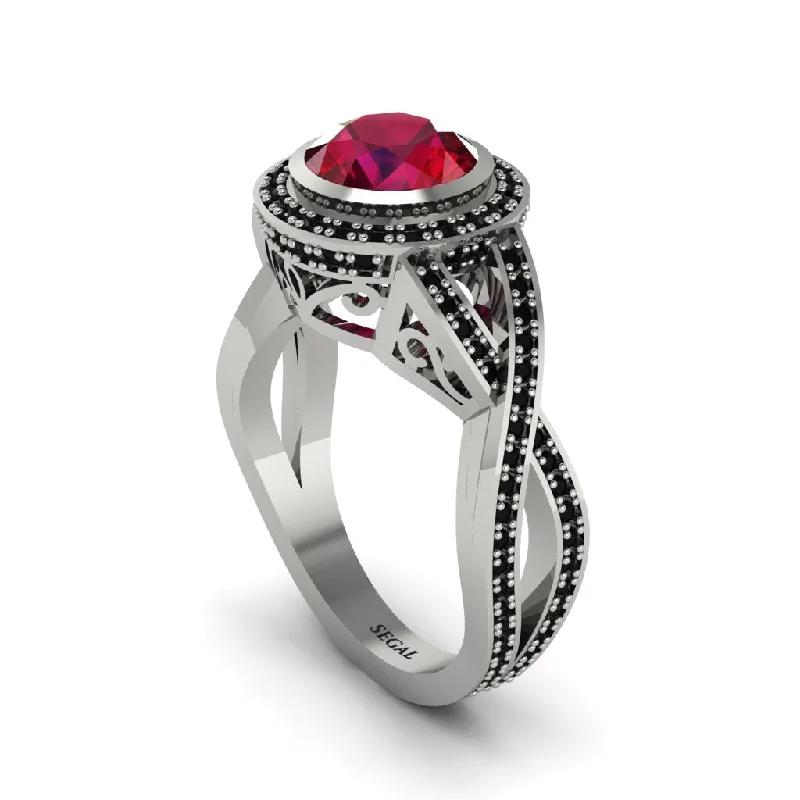 Personalized Stackable Rings For Trendy Brides-Ruby Filigree Halo Twist Shank Engagement Ring - Wren No. 42