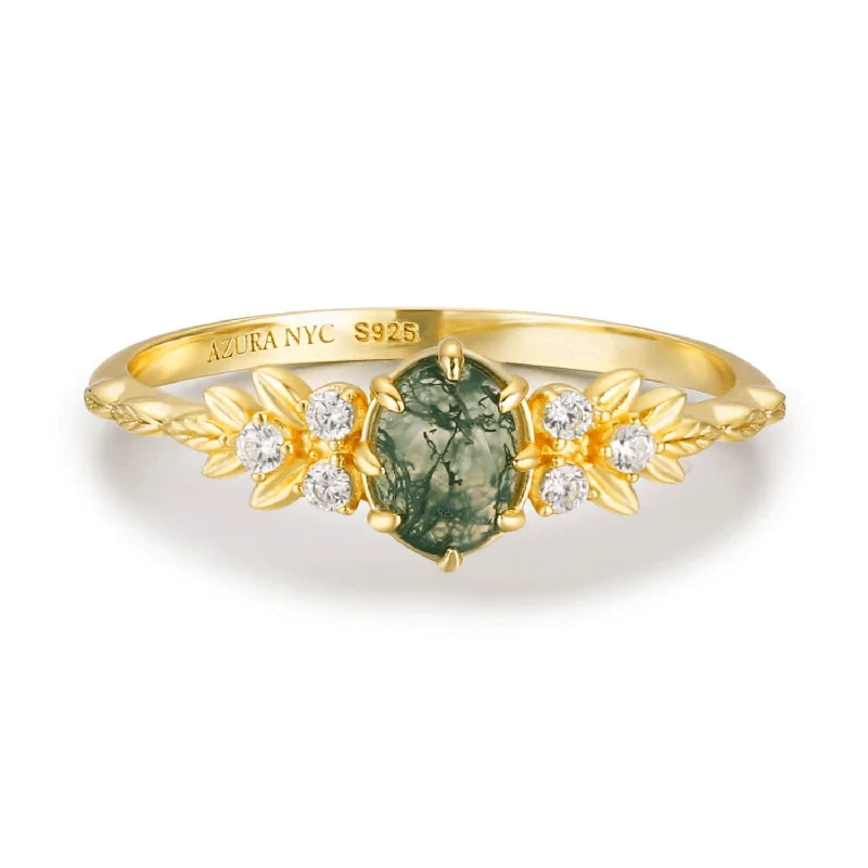 Bold Silver Engagement Rings For Brides-Wildflower Moss Agate Ring (Yellow Gold)©