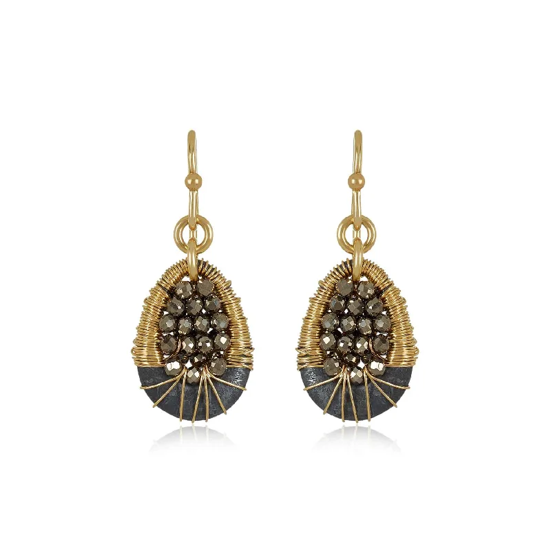 Gold Earrings For Bold Fashion Statements-Pyrite Pear Shape Dangle Earrings, Yellow Gold Plating