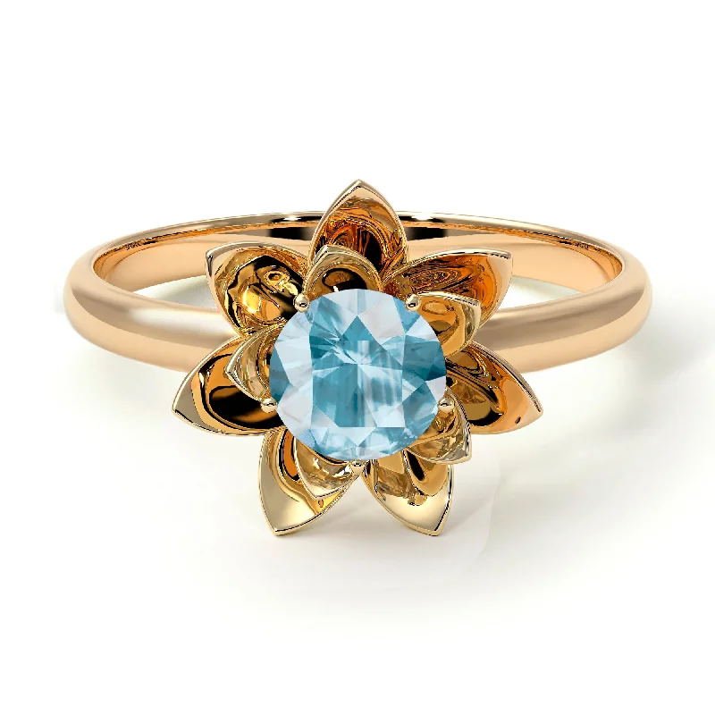 Personalized Wedding Bands For Special Moments-Lotus Flower Solitaire Aquamarine Ring - Lotus no. 401