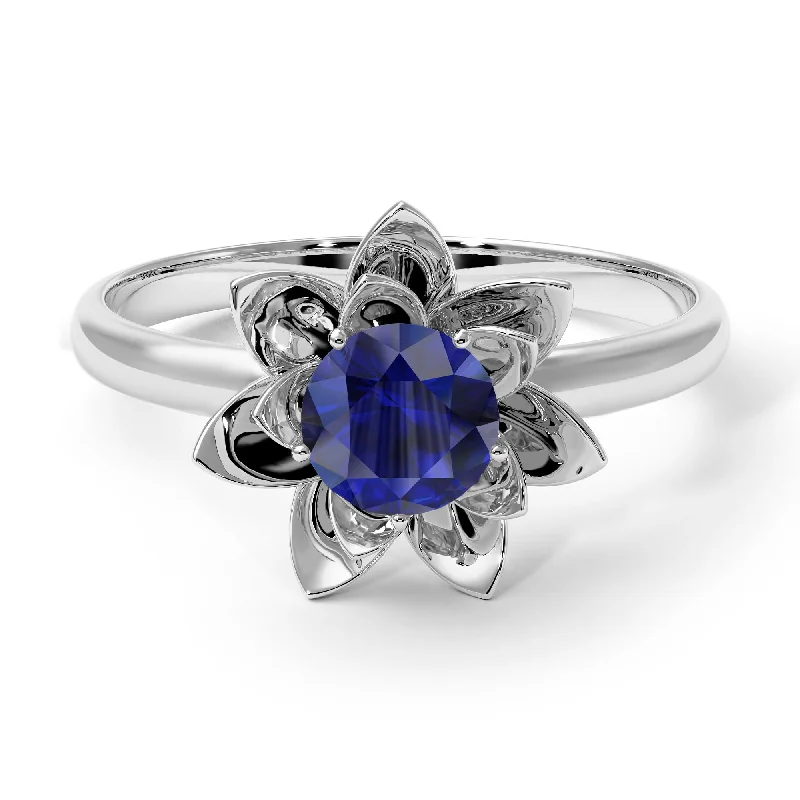 Unique Gemstone Wedding Rings For Brides-Lotus Flower Solitaire Sapphire Ring - Lotus no. 15