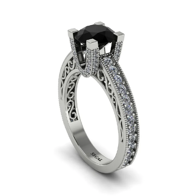 Beautiful Opal Engagement Rings For Brides-Black Diamond Scrollwork Vintage Filigree Engagement Ring - Abby No. 9