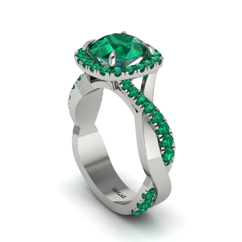 Vintage Wedding Rings For Retro Brides-Emerald Twist Shank Halo Engagement Ring - Cheyenne No. 21