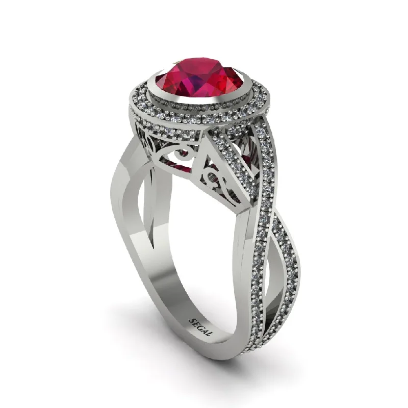 Unique Diamond Engagement Rings For Brides-Ruby Filigree Halo Twist Shank Engagement Ring - Wren No. 12