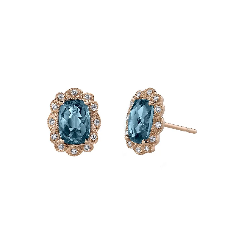 Gold Dangle Earrings For Party Wear-London Blue Topaz 14k Rose Gold Stud Earrings with Diamonds