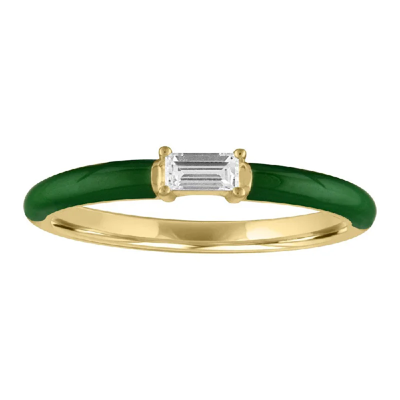 Stunning Gemstone Wedding Rings For Brides-My Story "Eloise" Olive Green Enamel Diamond Baguette Ring