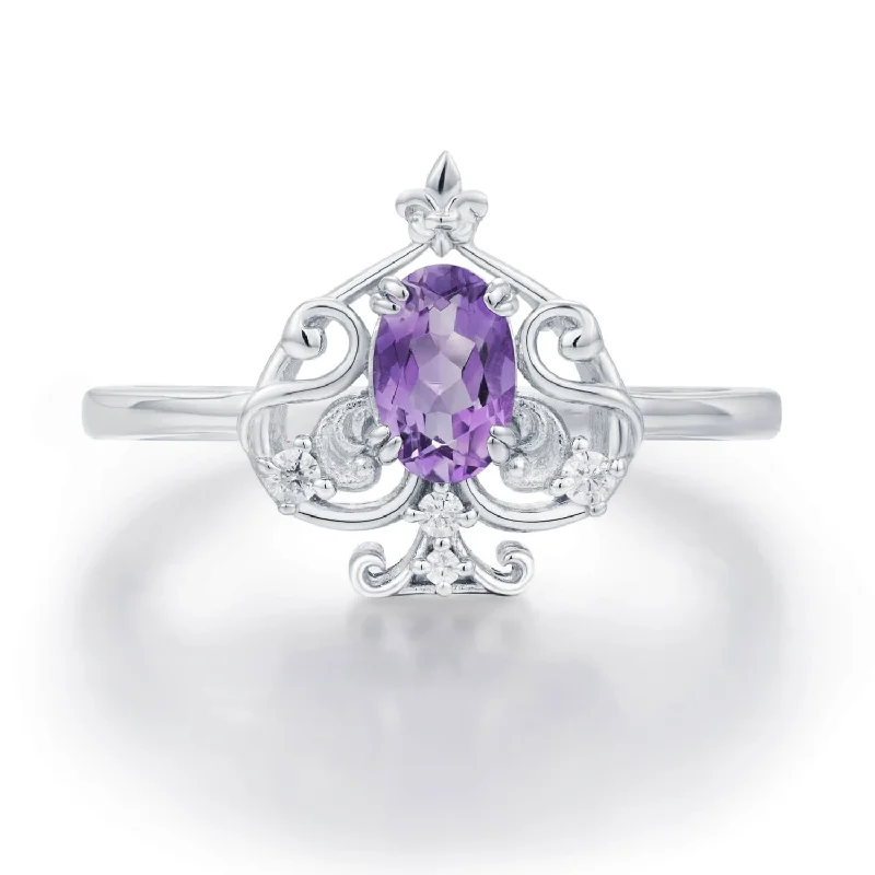 Sparkling Wedding Bands For Brides-Leafy Spade Amethyst Ring