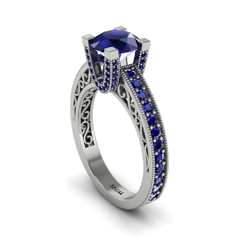 Bold Silver Wedding Bands For Non-Traditional Brides-Sapphire Scrollwork Vintage Filigree Engagement Ring - Abby No. 75