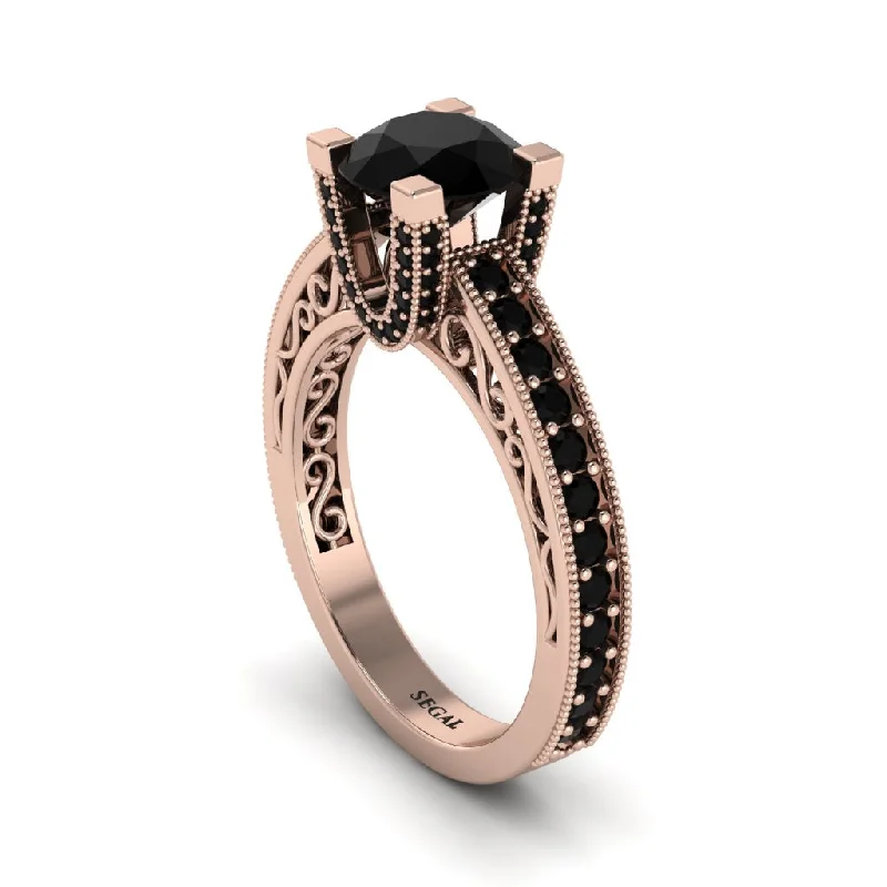 Elegant Gold Cocktail Rings For Evening Wear-Black Diamond Scrollwork Vintage Filigree Engagement Ring - Abby No. 38