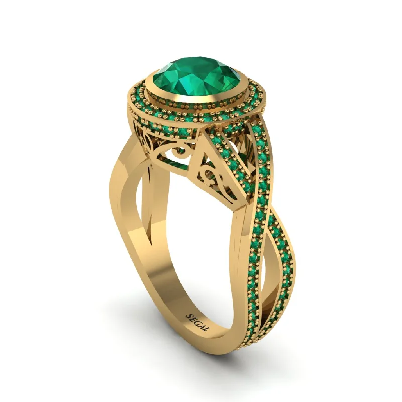 Custom Rose Gold Wedding Rings For Brides-Emerald Filigree Halo Twist Shank Engagement Ring - Wren No. 19