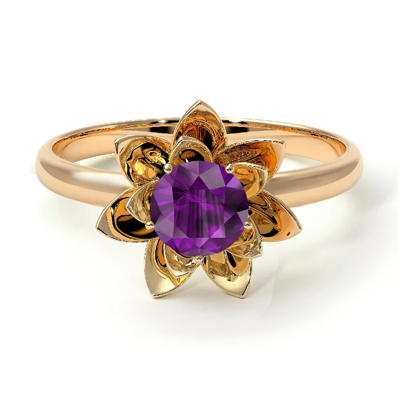 Custom Wedding Rings For Non-Traditional Brides-Lotus Flower Solitaire Amethyst Ring - Lotus no. 301