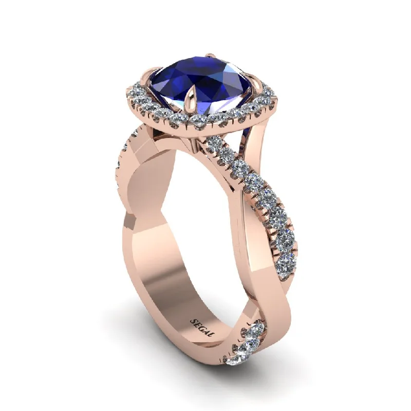 Custom Initial Rings For Unique Gifts-Sapphire Twist Shank Halo Engagement Ring - Cheyenne No. 14