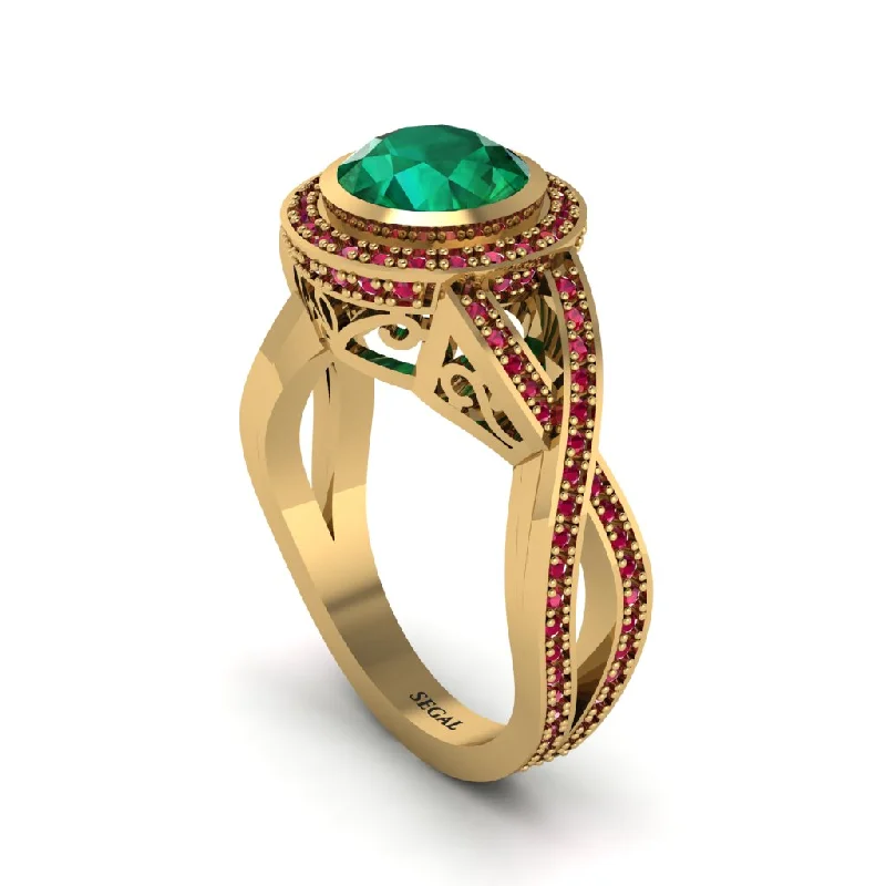 Classic Gold Promise Rings For Couples-Emerald Filigree Halo Twist Shank Engagement Ring - Wren No. 49