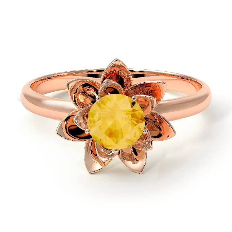 Classic Gold Cocktail Rings For Bold Glam-Lotus Flower Solitaire Citrine Ring - Lotus no. 602