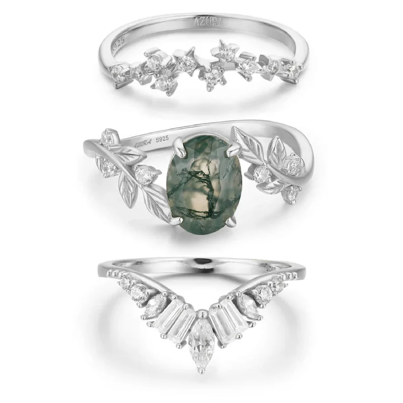 Bold Statement Rings For Fashionistas-Between the Leaf Moss Agate©, Hillcrest, and Starry Night Ring Set