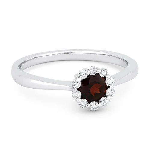 Custom Wedding Rings For Non-Traditional Brides-14K White Gold Round Garnet & Diamond Halo Ring R1073GAW