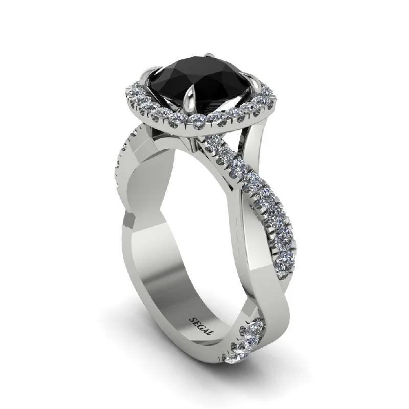 Fashionable Stackable Rings For Trendy Looks-Black Diamond Twist Shank Halo Engagement Ring - Cheyenne No. 9