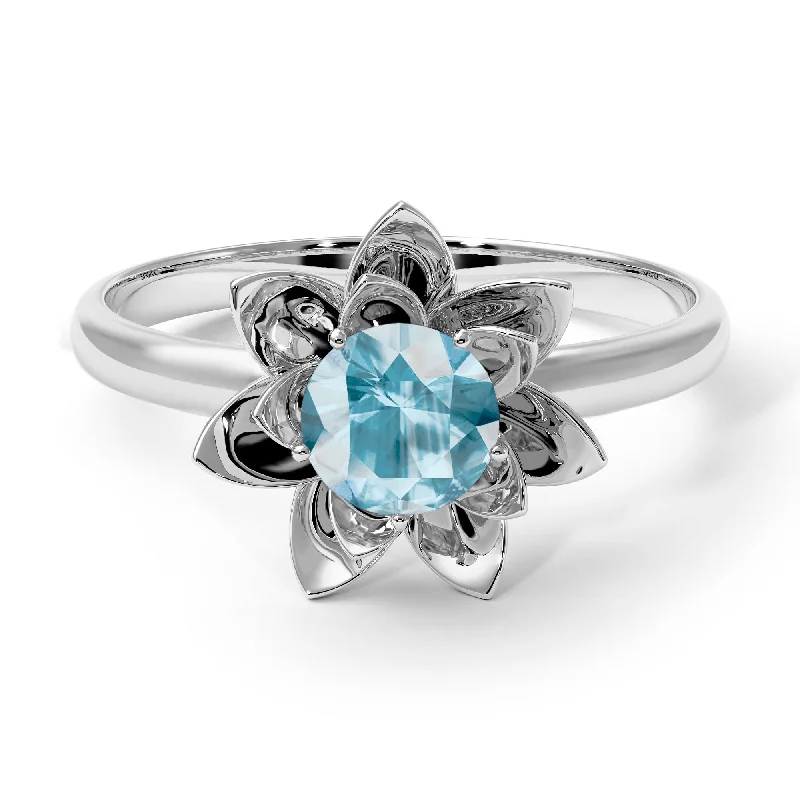 Classic Diamond Wedding Rings For Brides-Lotus Flower Solitaire Aquamarine Ring - Lotus no. 403