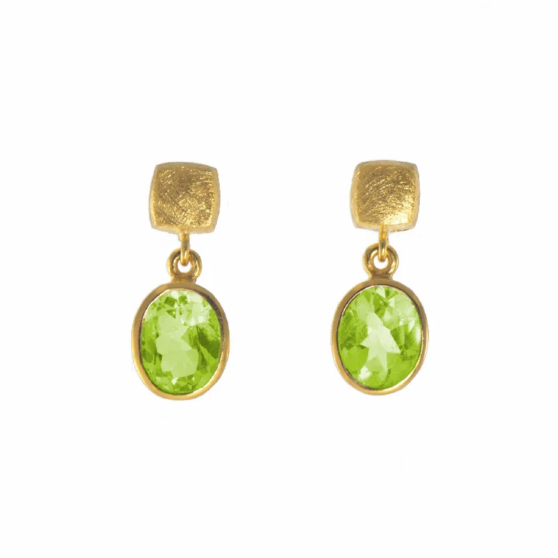 Large Crystal Drop Earrings For Fashionistas-Peridot Bezel Set Drop Earrings, 14 Karat Vermeil