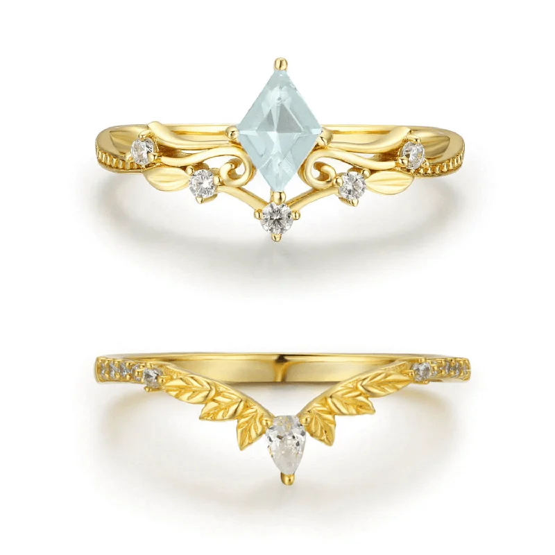 Elegant Ruby Rings For Engagement-Woodland and Victorian Lace Aquamarine© Ring Set (Yellow Gold)