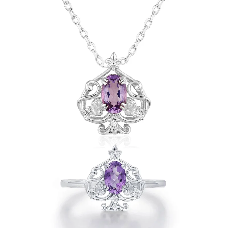 Personalized Initial Rings For Custom Gifts-Leafy Spade Amethyst Ring and Necklace Set