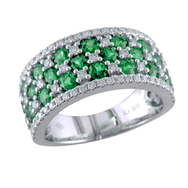 Classic Gold Cocktail Rings For Bold Glam-18K White Gold Emerald & Diamond Wide Right Hand Cocktail Ring