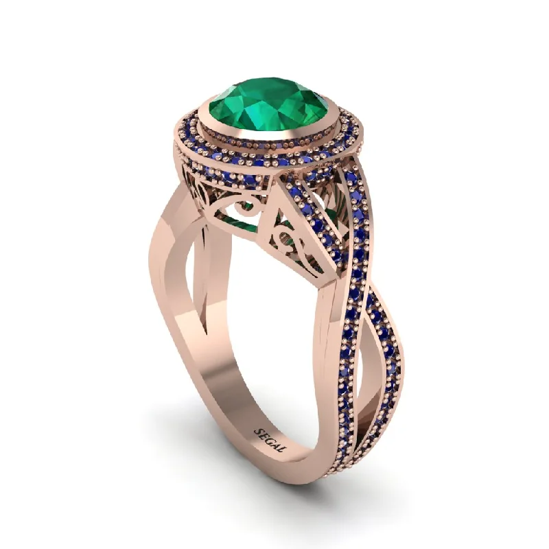 Classic Titanium Rings For Wedding Bands-Emerald Filigree Halo Twist Shank Engagement Ring - Wren No. 65