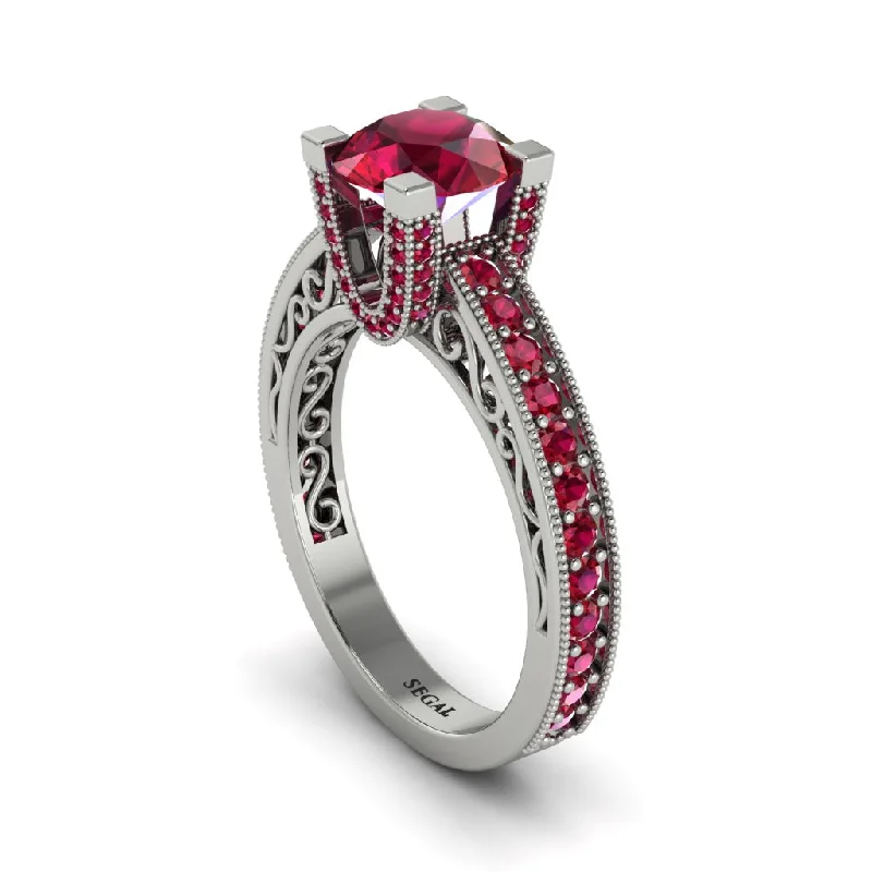 Simple Titanium Rings For Everyday Wear-Ruby Scrollwork Vintage Filigree Engagement Ring - Abby No. 57