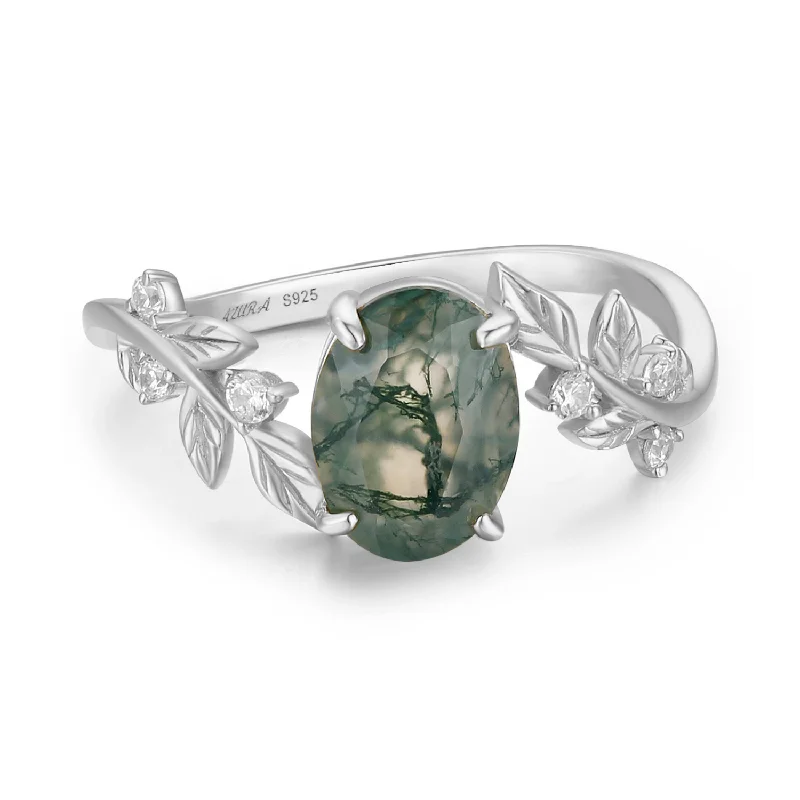 Elegant Sapphire Rings For Engagement-Between the Leaf Oval Moss Agate Ring©