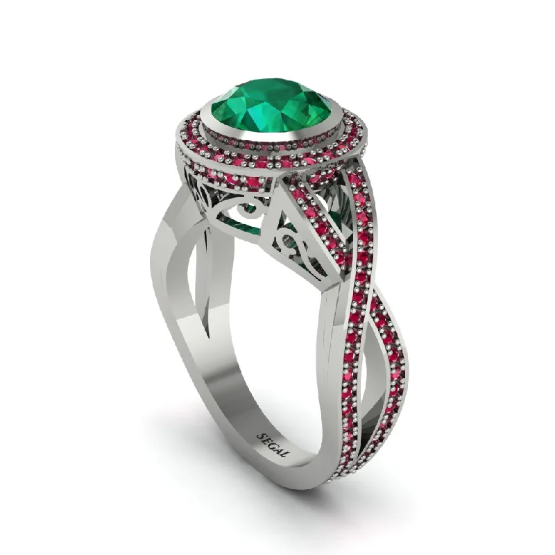 Elegant Gemstone Promise Rings For Couples-Emerald Filigree Halo Twist Shank Engagement Ring - Wren No. 51