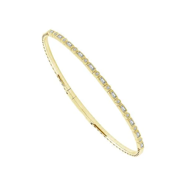 Bangles With Heartfelt Messages-14 Karat Yellow Gold 2/5 Carat Round and Baguette Flexible Diamond Bangle Bracelet