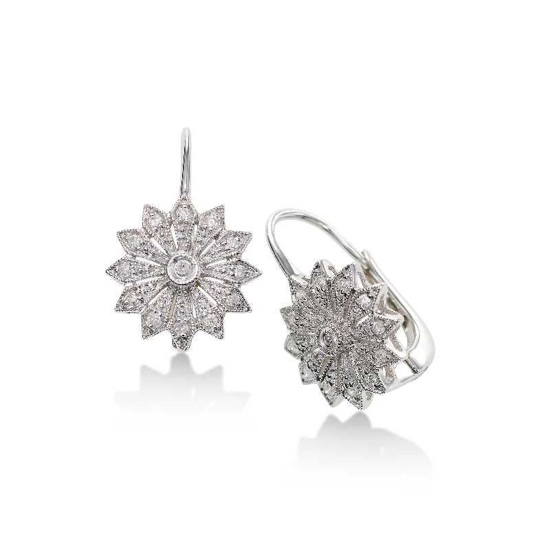 Sparkling Stud Earrings For Formal Events-Flower Design Pavé Diamond Earrings, 14K White Gold