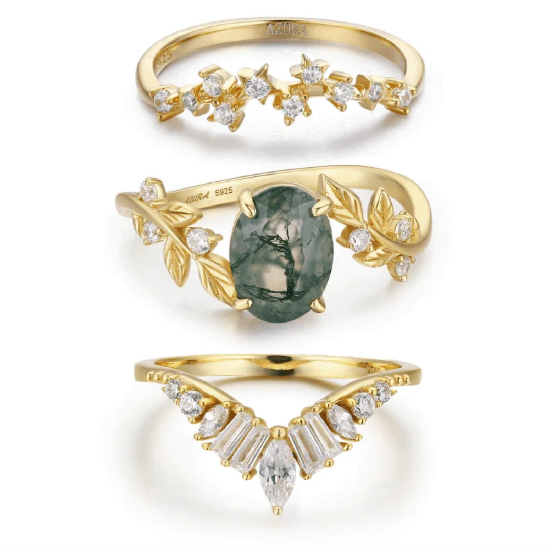 Men’s Stainless Steel Rings For Bold Style-Between the Leaf Moss Agate©, Hillcrest, and Starry Night Yellow Gold Ring Set