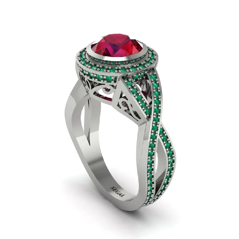 Bold Wedding Bands For Bold Couples-Ruby Filigree Halo Twist Shank Engagement Ring - Wren No. 27